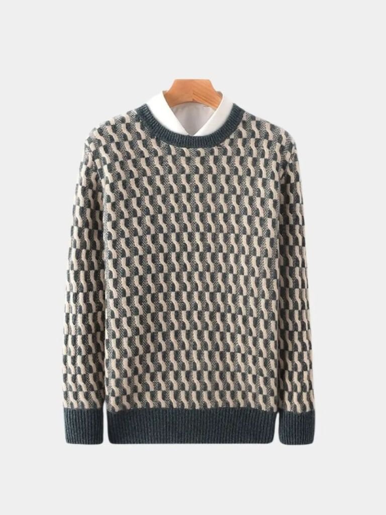 100% Wool Geometric Crew Neck Pullover Sweater - Verocci Essentials