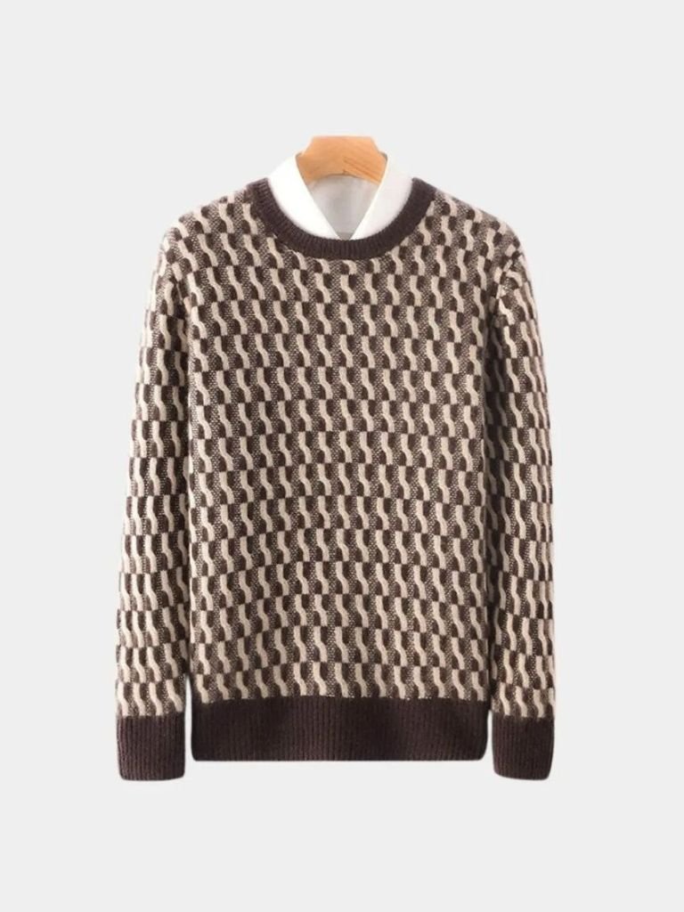 100% Wool Geometric Crew Neck Pullover Sweater - Verocci Essentials