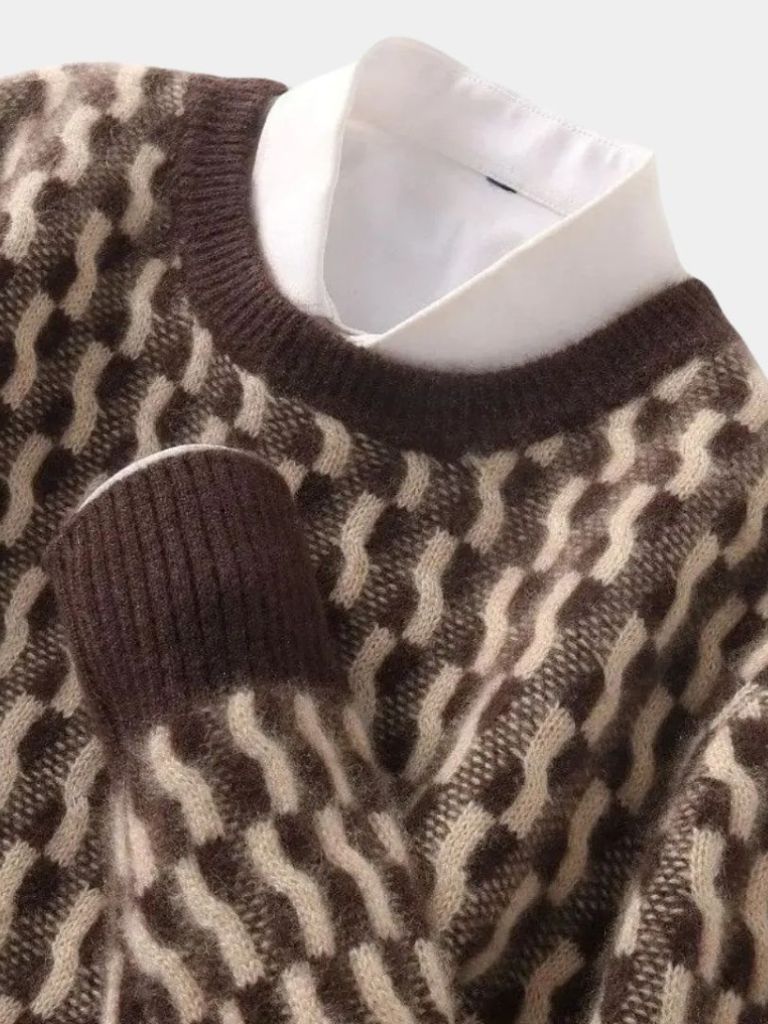 100% Wool Geometric Crew Neck Pullover Sweater - Verocci Essentials