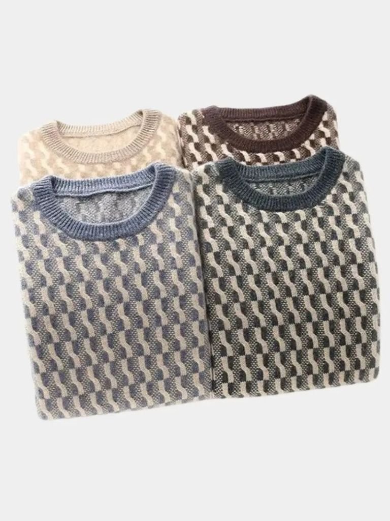 100% Wool Geometric Crew Neck Pullover Sweater - Verocci Essentials