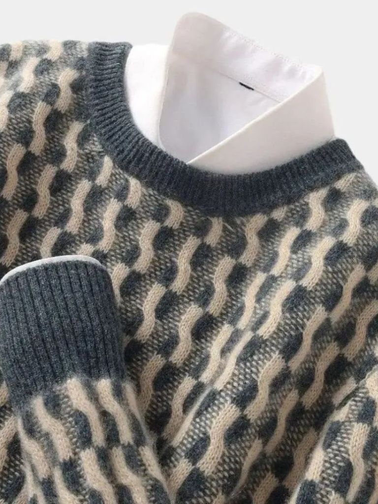 100% Wool Geometric Crew Neck Pullover Sweater - Verocci Essentials