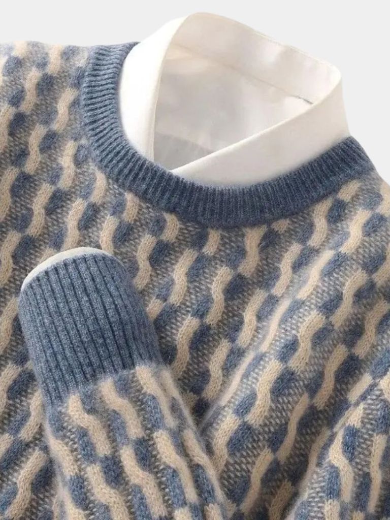 100% Wool Geometric Crew Neck Pullover Sweater - Verocci Essentials