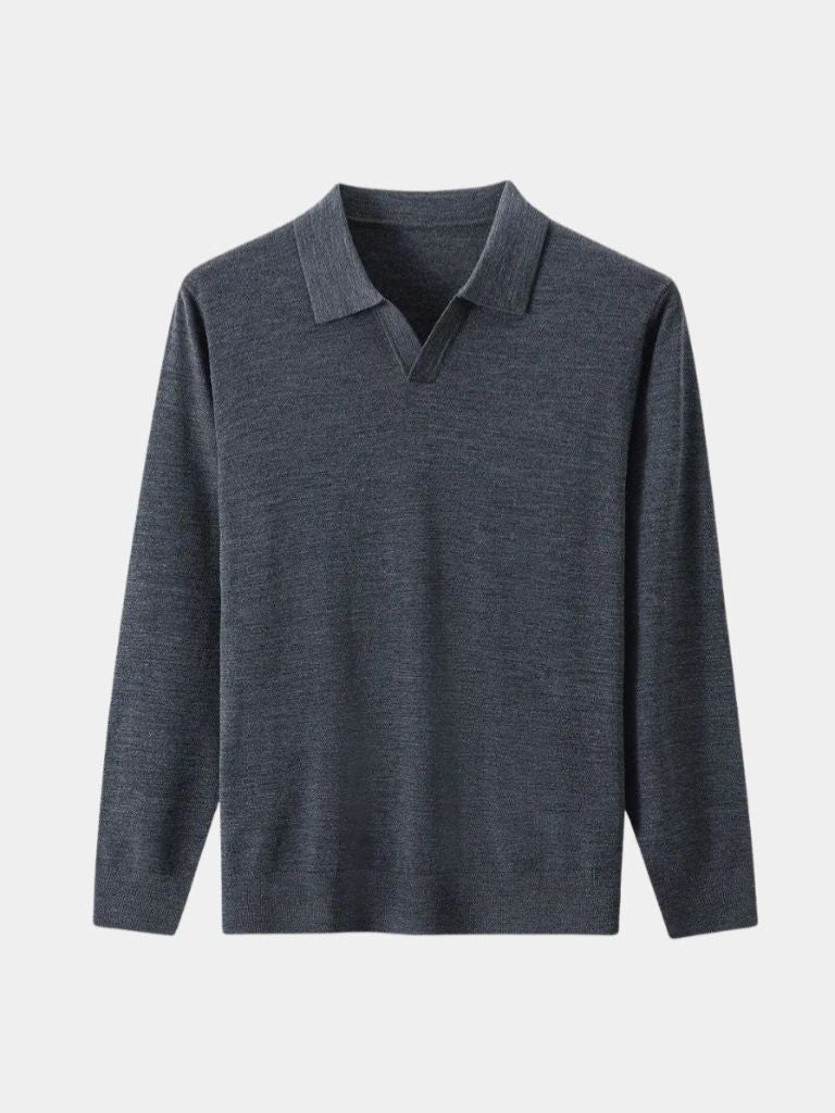 100% Wool Knit V Neck Turndown Polo Pullover - Verocci Essentials