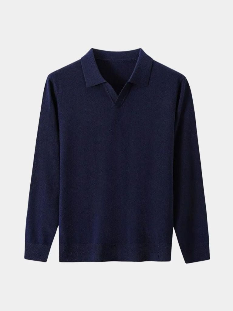 100% Wool Knit V Neck Turndown Polo Pullover - Verocci Essentials