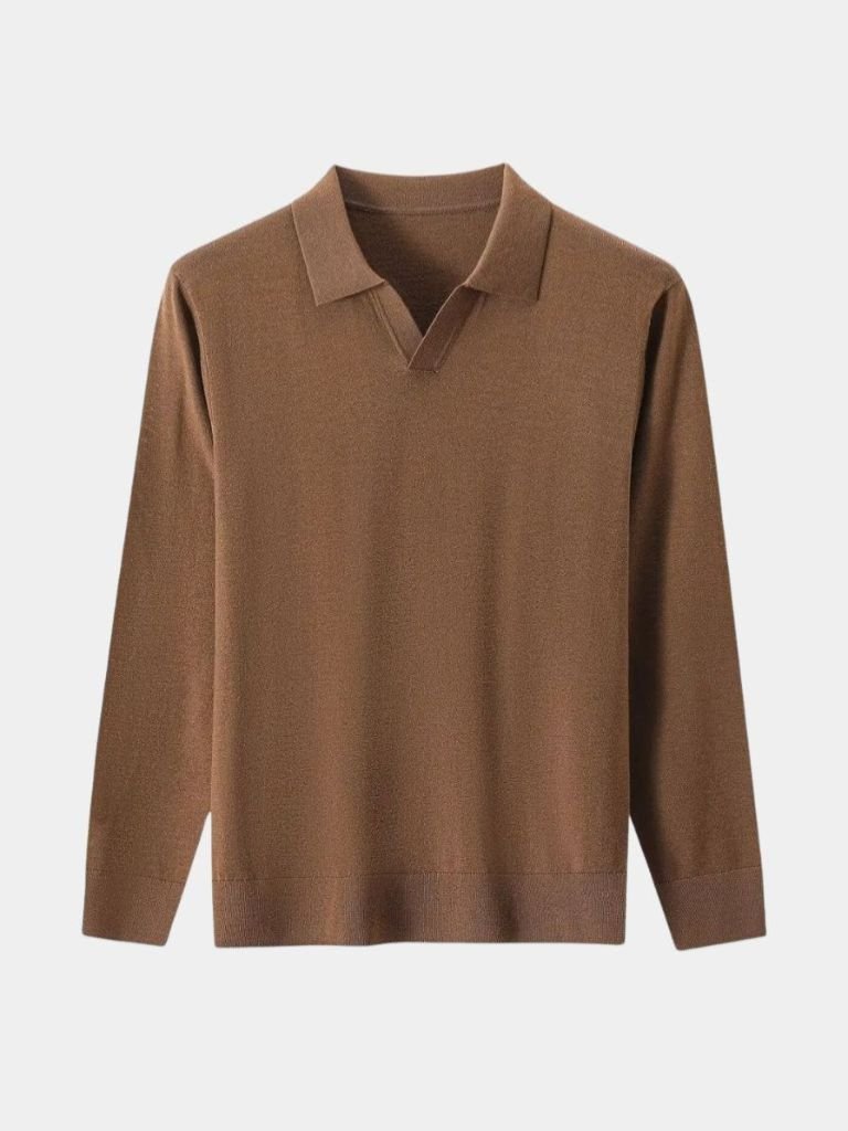 100% Wool Knit V Neck Turndown Polo Pullover - Verocci Essentials
