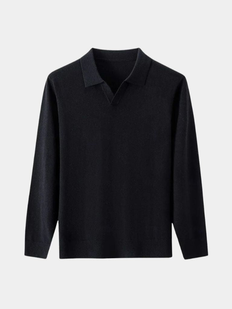 100% Wool Knit V Neck Turndown Polo Pullover - Verocci Essentials