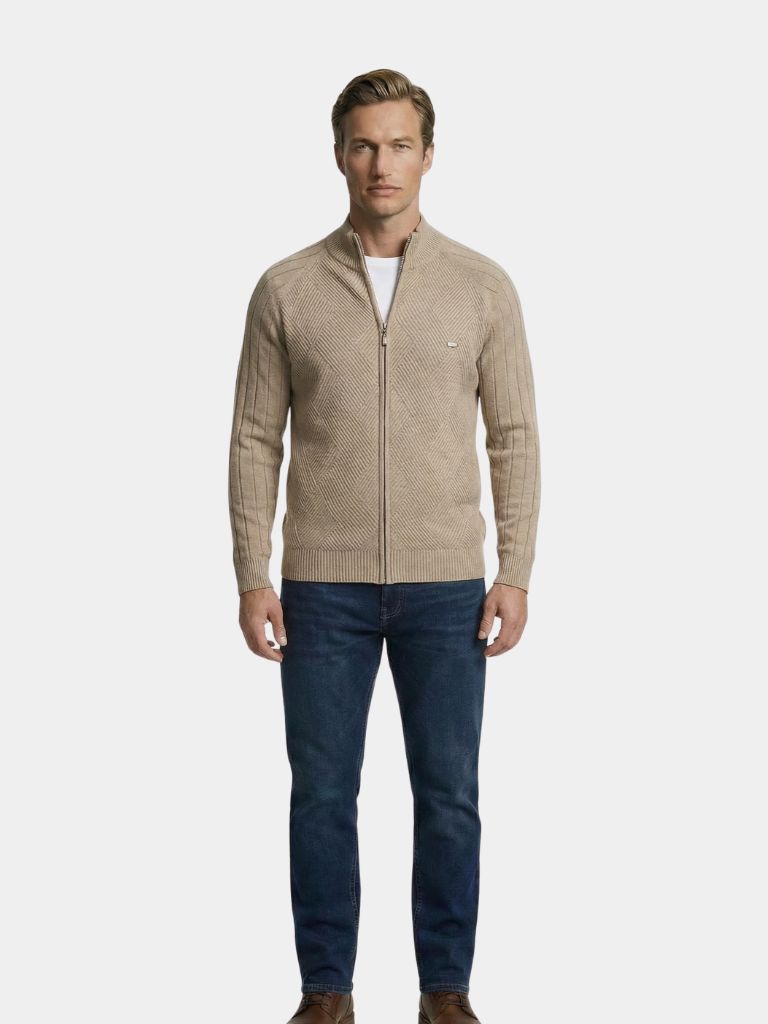 Knit Zipper Jacquard Solid Color Cardigan Sweater - Verocci Essentials