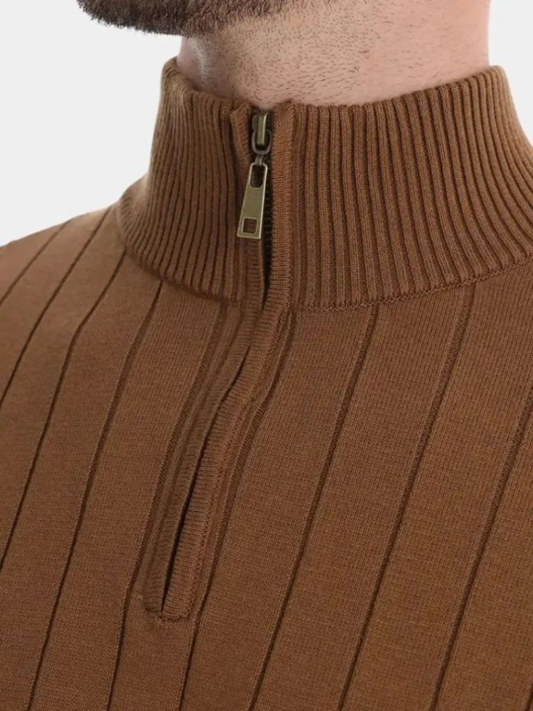 Cotton Knit Vertical Stripes Quarter-Zip Sweater - Verocci Essentials