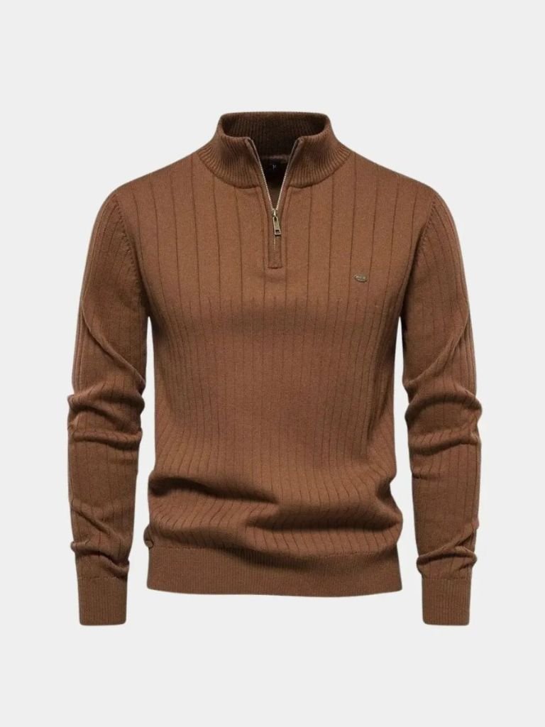 Cotton Knit Vertical Stripes Quarter-Zip Sweater - Verocci Essentials
