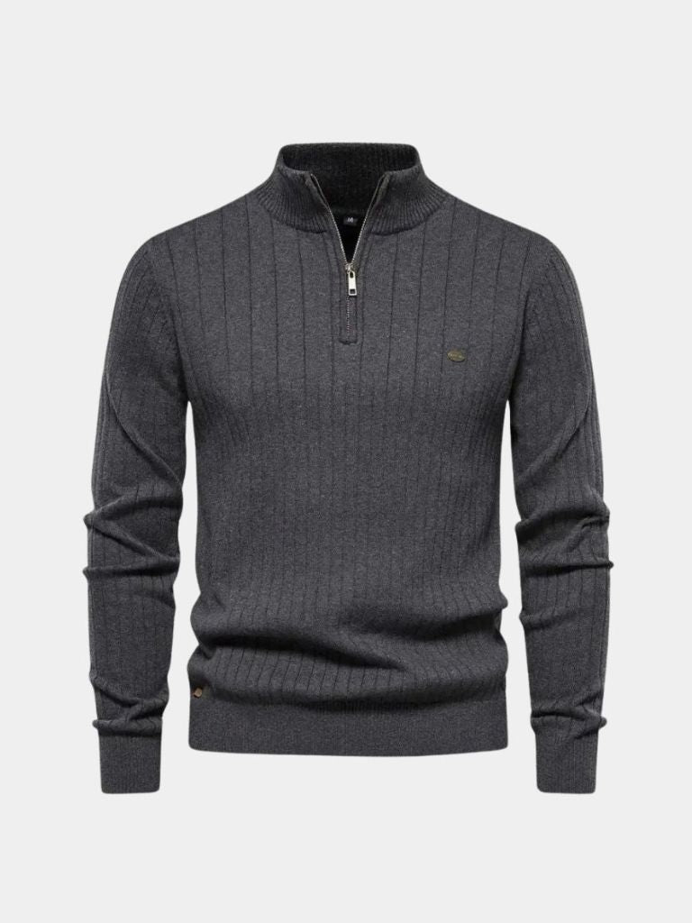 Cotton Knit Vertical Stripes Quarter-Zip Sweater - Verocci Essentials