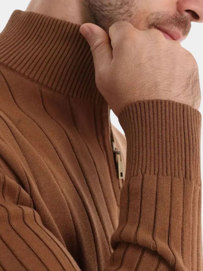 Cotton Knit Vertical Stripes Quarter-Zip Sweater - Verocci Essentials