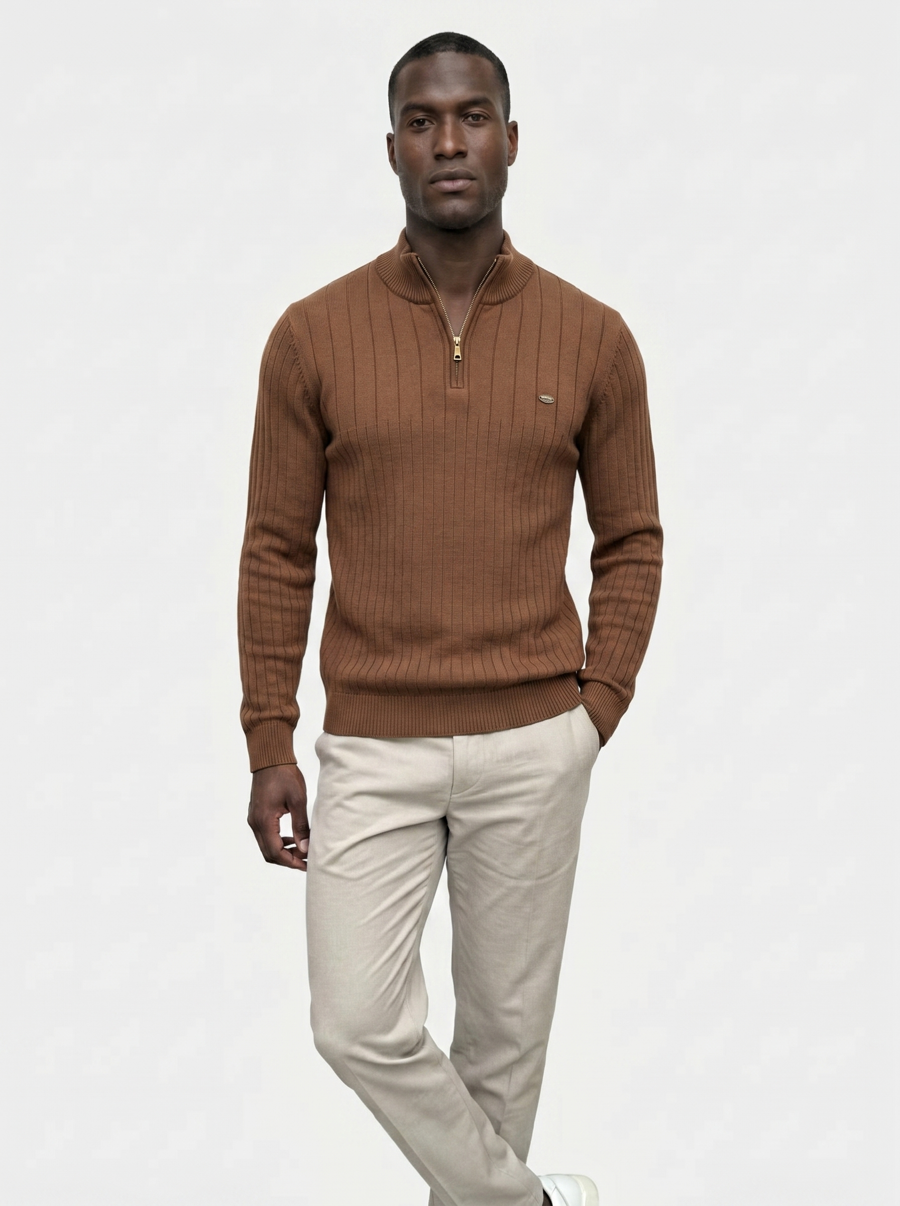 Cotton Knit Vertical Stripes Quarter-Zip Sweater - Verocci Essentials