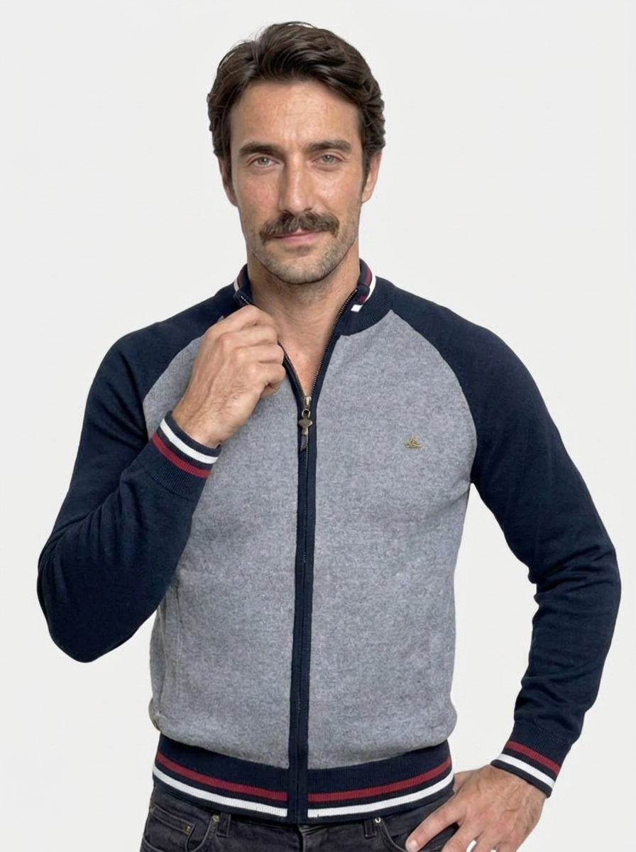 Zipper Color Block Standing Collar Cardigan Sweater - Verocci Essentials