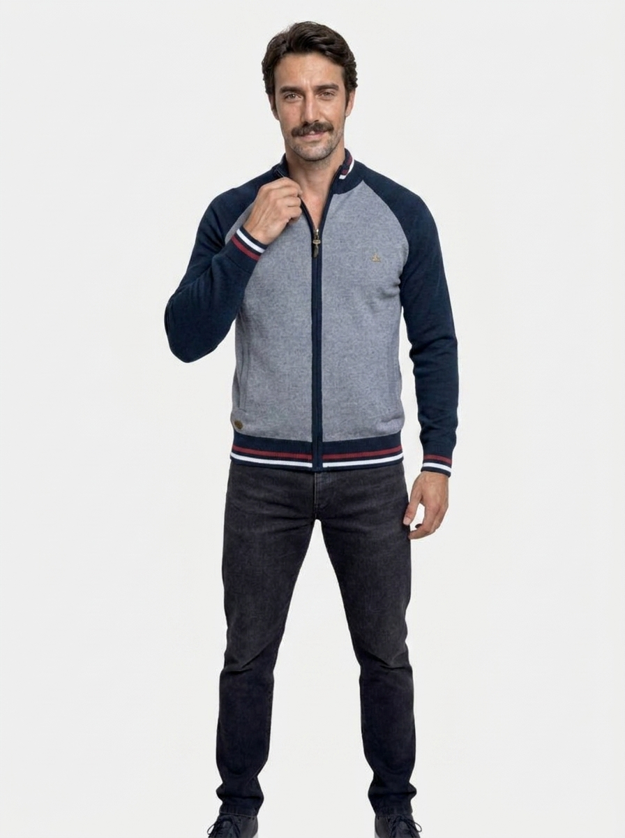 Zipper Color Block Standing Collar Cardigan Sweater - Verocci Essentials