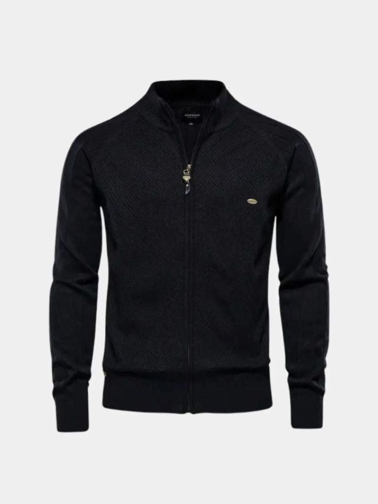 Knit Zipper Jacquard Solid Color Cardigan Sweater - Verocci Essentials