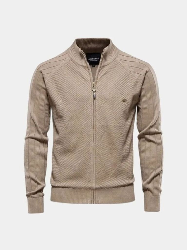 Knit Zipper Jacquard Solid Color Cardigan Sweater - Verocci Essentials