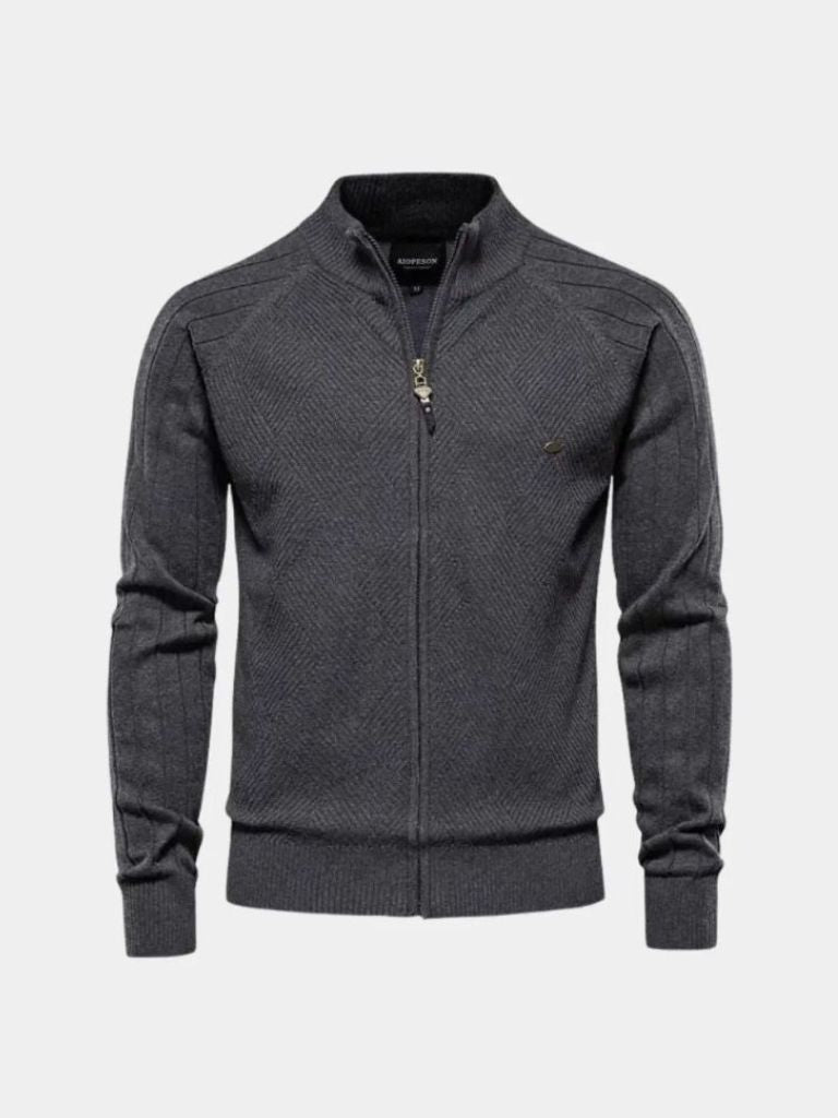 Knit Zipper Jacquard Solid Color Cardigan Sweater - Verocci Essentials