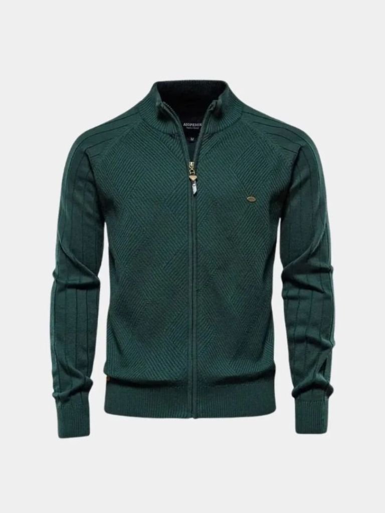 Knit Zipper Jacquard Solid Color Cardigan Sweater - Verocci Essentials