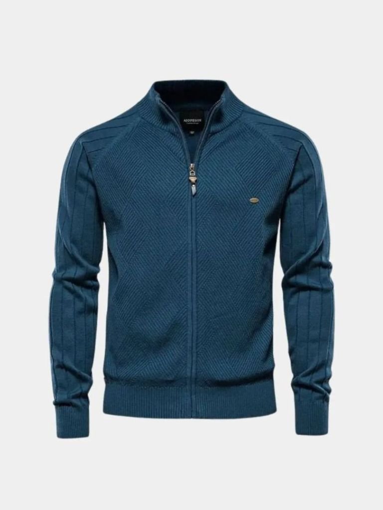 Knit Zipper Jacquard Solid Color Cardigan Sweater - Verocci Essentials
