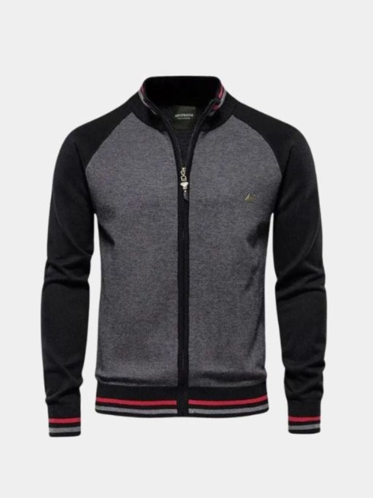 Zipper Color Block Standing Collar Cardigan Sweater - Verocci Essentials