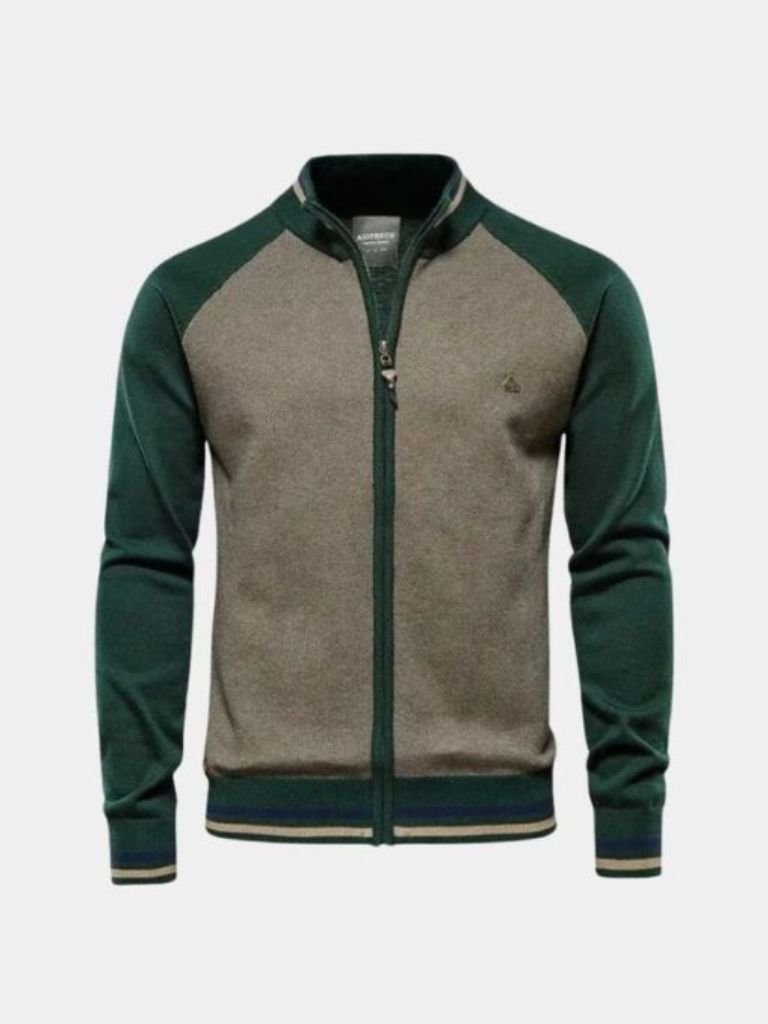 Zipper Color Block Standing Collar Cardigan Sweater - Verocci Essentials