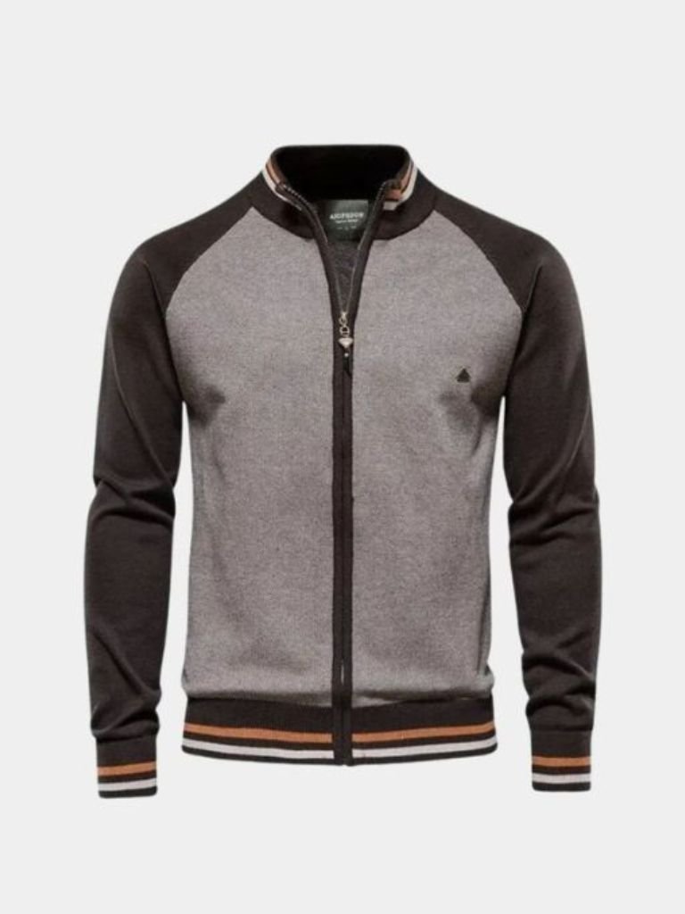 Zipper Color Block Standing Collar Cardigan Sweater - Verocci Essentials